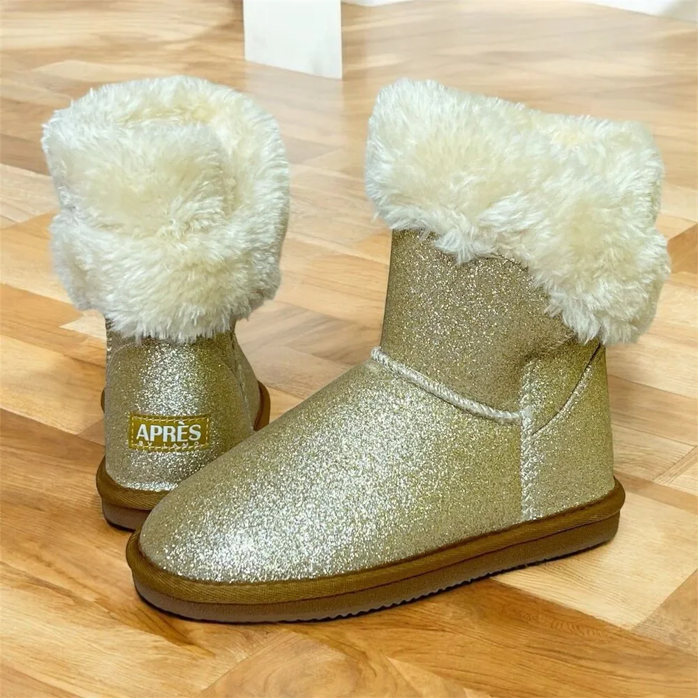 Lamo APRES Girls Size 2 Y Gold Glitter Boots Faux Fur Cozy Sparkly Slip On Youth